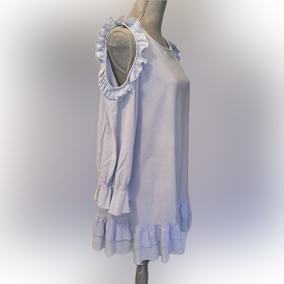 PAISLEY VINE Powder blue shoulderless long sleeve dress! Ruffles galore Excell L - Picture 5 of 8